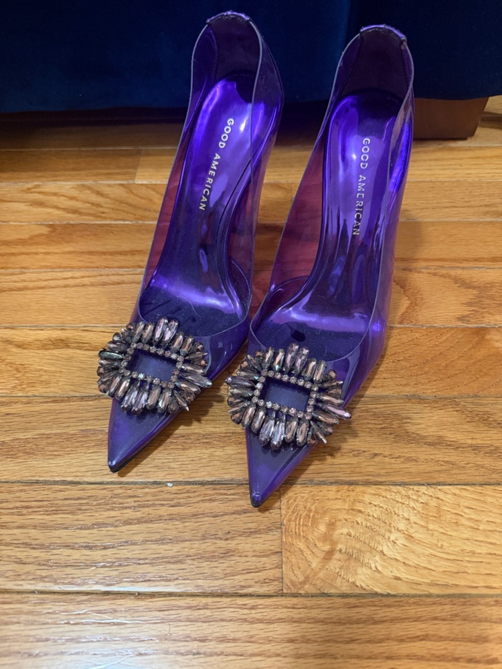 Good American Metallic Purple Pointed-Toe Pumps with Crystal Buckle